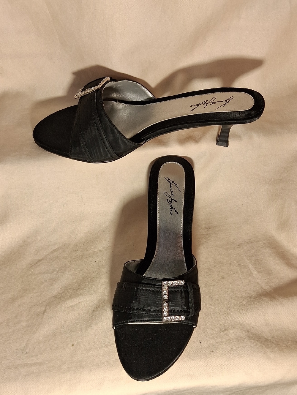 Kennith Jay Lane Black Satin Slide Mules with Rhinestone Buckle
